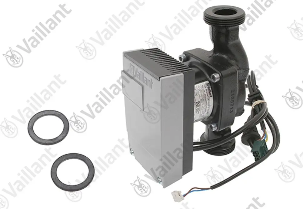 Vaillant Pumpe mit Motor und Anschlusskabel, zwei Dichtungen. Die Pumpe ist für Heizungs- oder Wasserzirkulationssysteme vorgesehen.